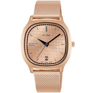 Ag8k96x1 alba watch women rose gold patterned dial stainless steel metal mesh strap quartz movt japan analog square water resist 5bar three hand fusion active