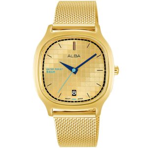Ag8k98x1 alba watch women gold patterned dial stainless steel metal golden mesh strap quartz movt japan analog square water resist 5bar three hand fusion active