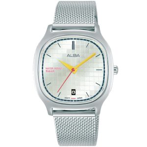 Ag8k99x1 alba watch women silver patterned dial stainless steel metal mesh strap quartz movt japan analog square water resist 5bar three hand fusion active