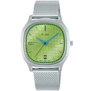 Ag8l01x1 alba watch women green patterned dial stainless steel metal silver mesh strap quartz movt japan analog square water resist 5bar three hand fusion active