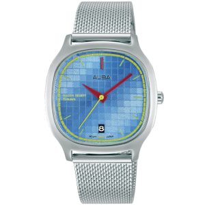 Ag8l05x1 alba watch women blue patterned dial stainless steel metal silver mesh strap quartz movt japan analog square water resist 5bar three hand fusion active