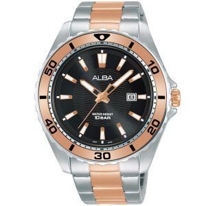 Ag8l17x1 alba watch men gray patterned dial stainless steel metal silver rose gold two tone strap quartz movt japan analog water resist 10bar three hand active