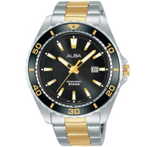 Ag8l19x1 alba watch men black patterned dial stainless steel metal silver gold two tone strap quartz movt japan analog water resist 10bar three hand active