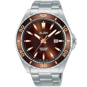 Ag8l23x1 alba watch men brown patterned dial stainless steel metal silver strap quartz movt japan analog water resist 10bar three hand active