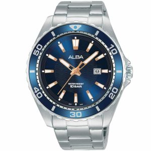 Ag8l25x1 alba watch men blue patterned dial stainless steel metal silver strap quartz movt japan analog water resist 10bar three hand active