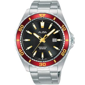 Ag8l27x1 alba watch men black patterned dial red bezel stainless steel metal silver strap quartz movt japan analog water resist 10bar three hand active