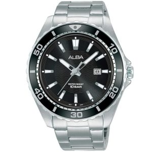 Ag8l29x1 alba watch men black patterned dial stainless steel metal silver strap quartz movt japan analog water resist 10bar three hand active