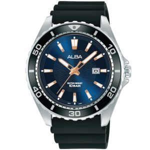 Ag8l31x1 alba watch men blue patterned dial rubber black strap quartz movt japan analog water resist 10bar three hand active