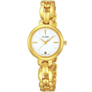 Ah7338x1 alba watch women white dial stainless steel metal gold strap quartz movt japan analog three hand