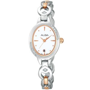Ah7383x1 alba watch women white dial stainless steel metal silver rose gold two tone strap quartz movt japan analog three hand