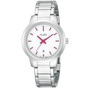 Ah7403x1 alba watch women white dial stainless steel metal silver strap quartz movt japan analog three hand fashion