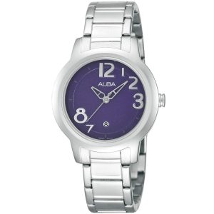 Ah7409x1 alba watch women purple dial stainless steel metal silver strap quartz movt japan analog three hand fashion