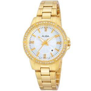 Ah7968x1 alba watch women white dial stainless steel metal gold strap quartz movt japan analog diamond three hand fashion