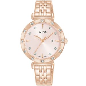Ah7aa2x1 alba watch women pink dial stainless steel metal rose gold strap quartz movt japan analog diamond three hand fashion