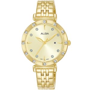 Ah7aa4x1 alba watch women gold dial stainless steel metal golden strap quartz movt japan analog diamond three hand fashion
