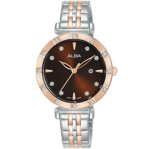 Ah7aa6x1 alba watch women brown dial stainless steel metal silver rose gold two tone strap quartz movt japan analog diamond three hand fashion