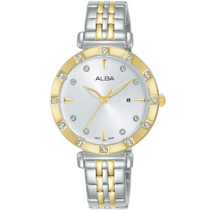 Ah7aa8x1 alba watch women silver white dial stainless steel metal gold two tone strap quartz movt japan analog diamond three hand fashion