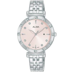 Ah7ab1x1 alba watch women pink dial stainless steel metal silver strap quartz movt japan analog diamond three hand fashion