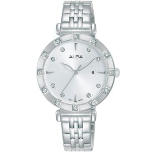 Ah7ab3x1 alba watch women silver white dial stainless steel metal strap quartz movt japan analog diamond three hand fashion