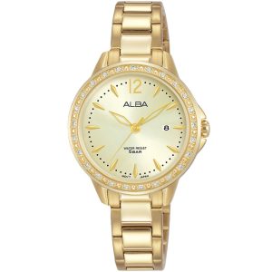 Ah7ab4x1 alba watch women gold dial stainless steel metal golden strap quartz movt japan analog water resist 5bar diamond three hand fashion