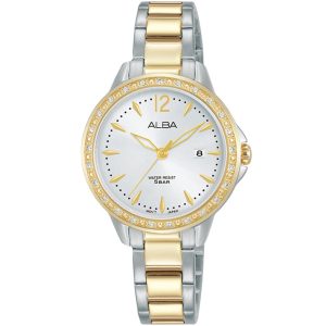 Ah7ab8x1 alba watch women silver white dial stainless steel metal gold two tone strap quartz movt japan analog water resist 5bar diamond three hand fashion