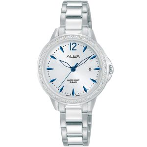 Ah7ac1x1 alba watch women silver white dial stainless steel metal strap quartz movt japan analog water resist 5bar diamond three hand fashion
