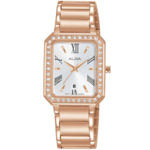 Ah7ac2x1 alba watch women silver white dial stainless steel metal rose gold strap quartz movt japan analog square diamond three hand fashion