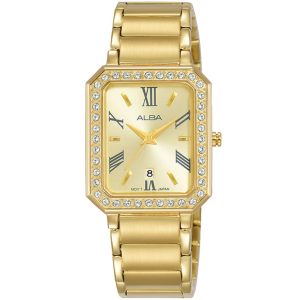 Ah7ac4x1 alba watch women gold dial stainless steel metal golden strap quartz movt japan analog square diamond three hand fashion