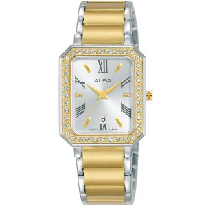 Ah7ac8x1 alba watch women silver white dial stainless steel metal gold two tone strap quartz movt japan analog square diamond three hand fashion