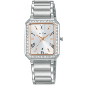 Ah7ac9x1 alba watch women silver white dial stainless steel metal strap quartz movt japan analog square diamond three hand fashion