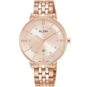 Ah7ad4x1 alba watch women pink dial stainless steel metal rose gold strap quartz movt japan analog three hand fashion