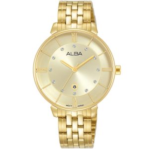 Ah7ad6x1 alba watch women gold dial stainless steel metal golden strap quartz movt japan analog three hand fashion