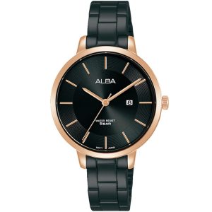 Ah7ae6x1 alba watch women black dial stainless steel metal strap quartz movt japan analog water resist 5bar three hand fashion