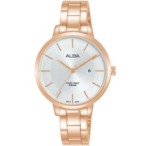 Ah7ae8x1 alba watch women silver white dial stainless steel metal rose gold strap quartz movt japan analog water resist 5bar three hand fashion
