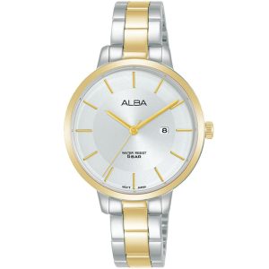 Ah7af2x1 alba watch women silver white dial stainless steel metal gold two tone strap quartz movt japan analog water resist 5bar three hand fashion
