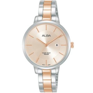 Ah7af3x1 alba watch women pink dial stainless steel metal silver rose gold two tone strap quartz movt japan analog water resist 5bar three hand fashion