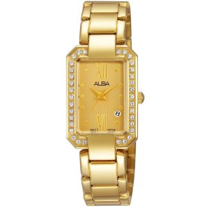 Ah7d76x1 alba watch women gold dial stainless steel metal golden strap quartz movt japan analog square diamond three hand fashion