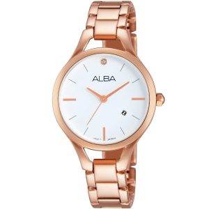 Ah7f14x1 alba watch women white dial stainless steel metal rose gold strap quartz movt japan analog three hand fashion