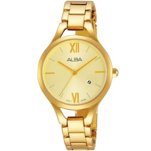 Ah7f16x1 alba watch women gold dial stainless steel metal golden strap quartz movt japan analog three hand fashion