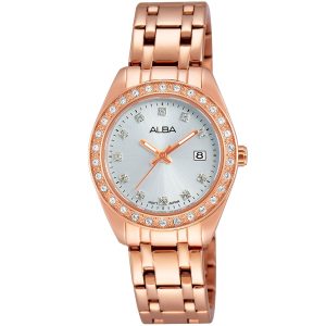 Ah7f74x1 alba watch women silver white dial stainless steel metal rose gold strap quartz movt japan analog diamond three hand fashion