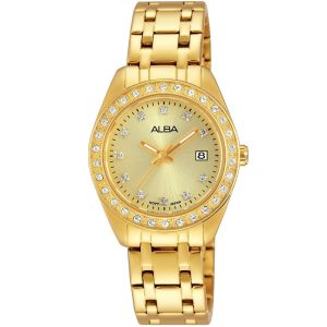 Ah7f76x1 alba watch women gold dial stainless steel metal golden strap quartz movt japan analog diamond three hand fashion