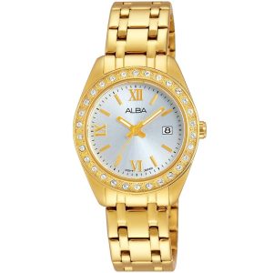 Ah7f78x1 alba watch women silver white dial stainless steel metal gold strap quartz movt japan analog diamond three hand fashion