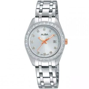Ah7f79x1 alba watch women silver white dial stainless steel metal strap quartz movt japan analog diamond three hand fashion