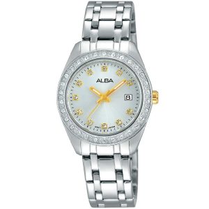 Ah7f81x1 alba watch women silver white dial stainless steel metal strap quartz movt japan analog diamond three hand fashion
