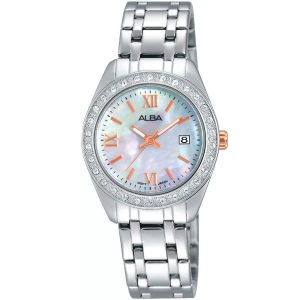 Ah7f83x1 alba watch women mother of pearl white dial stainless steel metal silver strap quartz movt japan analog diamond three hand fashion