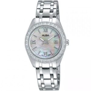 Ah7f89x1 alba watch women mother of pearl white dial stainless steel metal silver strap quartz movt japan analog diamond three hand fashion