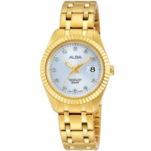 Ah7f96x1 alba watch women silver white dial stainless steel water resist 5bar metal gold strap quartz movt japan analog diamond three hand fashion