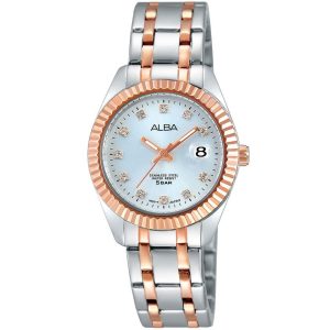Ah7f98x1 alba watch women white dial stainless steel water resist 5bar metal silver rose gold two tone strap quartz movt japan analog diamond three hand fashion