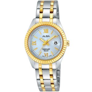 Ah7g00x1 alba watch women mother of pearl white dial stainless steel water resist 5bar metal silver gold two tone strap quartz movt japan analog three hand fashion