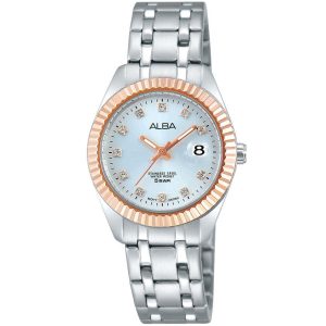 Ah7g02x1 alba watch women silver white dial rose gold bezel stainless steel water resist 5bar metal strap quartz movt japan analog diamond three hand fashion